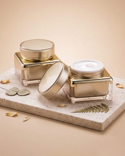 Square double-wall acrylic cosmetic cream jar with gold lid
